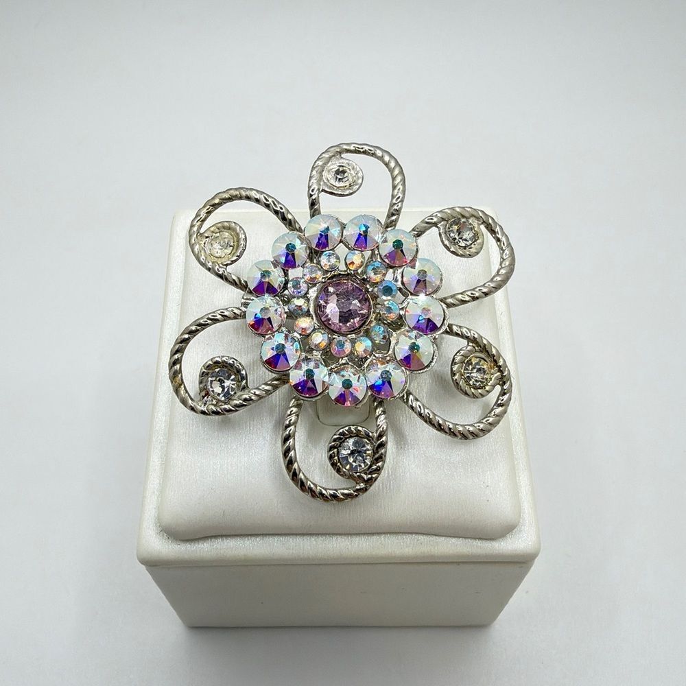 SALE! ~2" Aurora Borealis rhinestones and silver tone metal "flower" brooch/pin!